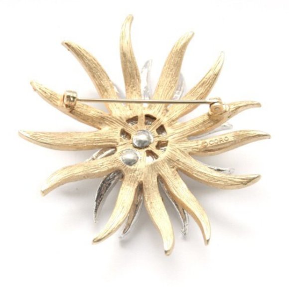 Vintage Coro Gold, Silver and Rhinestone Flower Pin - Picture 2 of 3
